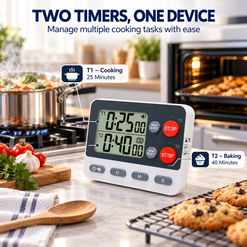 Dual Digital Kitchen Timer for Cooking & Baking – Independent