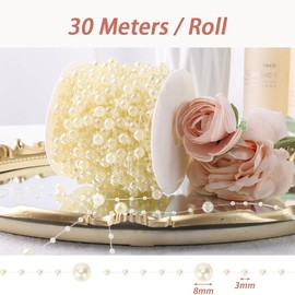 NYGHMY 1 Roll of 3-8mm Artificial Pearls String Beads Chain for DIY Crafts, Wedding and Party Decoration, Christmas Decoration, Pearl Bead Garland (98.43 Ft, Off White)
