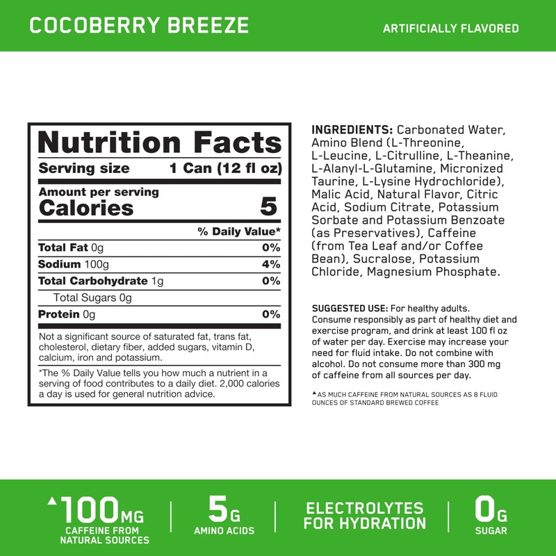 Optimum Nutrition Amino Energy Sparkling Hydration Drink, Electrolytes, Caffeine, Amino