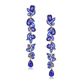EVER FAITH Banquet Rhinestone Crystal Chandelier Dangle Earrings for Women Brides, Art Deco Marquise Teardrop Bridal Long Drop Ear Accessory for Prom Royal Blue Gold-Tone