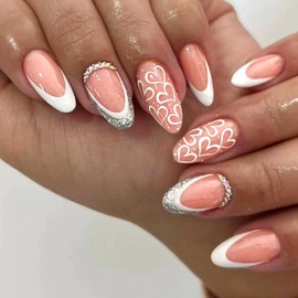 French Tip Press On Nails Medium Almond Shaped Cute Fake Nails Summer White Hearts Silver Glitter Designs 24 Pcs Nude Acrylic Stick on Full Cover False Nails for Women Z686