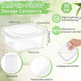 50 Pack 8oz Tamper Proof Containers with Lids Square Clear Deli Containers Disposable Plastic Food Storage Containers with Airtight Lids for Meal Prep Take Out Restaurant Kitchen