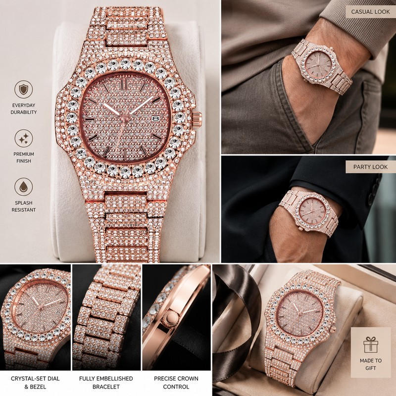 Gold-Tone Crystal-Style Watch for Men – Quartz Date Timepiece for
