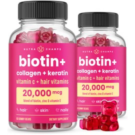 NutraChamps Hair Skin & Nails Gummies, Biotin with Collagen & Keratin, 5000mcg Biotin Beauty Complex, Vitamin Supplement, Berry, 120 Count, Healthy Hair, Radiant Skin & Strong Nails (Pack of 2)