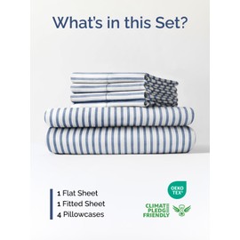 Extra Deep Queen Sheet Set - 6 Piece Breathable and Cooling Sheets - Hotel Luxury Bed Sheets Set - Easy Fit - Soft, Wrinkle Free and Comfy Sheets Set - Blue Striped Sheet Set with Extra Deep Pockets