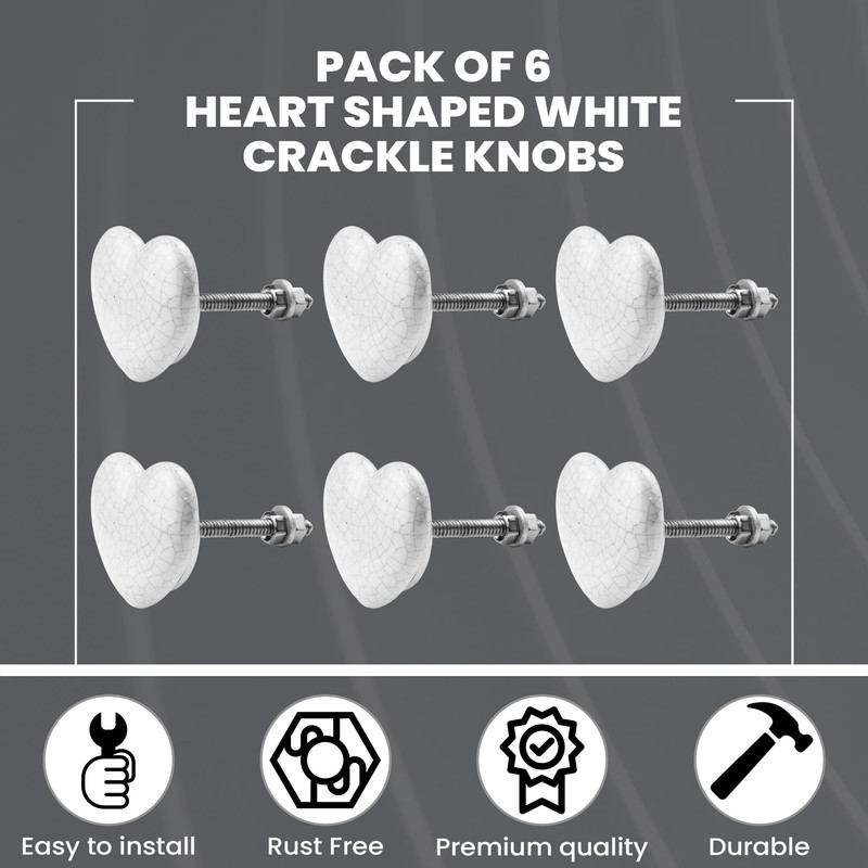 ETHNICITI Pack of 6 Heart White Crackle 40mm Ceramic Door