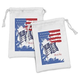 Lunarable 4th of July Fabric Pouch Set of 2, Sketch Art of American Flag with Stars and Stripes Background, Small Drawstring Bag for Toiletries Masks and Favors, 9" x 6", Blue Red and White