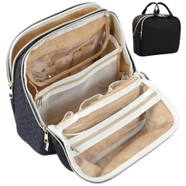 JOYYTUU Makeup Bag, Large Capacity with Room for Brushes and Mirror, Travel Makeup Organizer, Portable Make Up Case, Waterproof Cosmetic Bags with Handle, Color Black