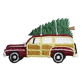 Christmas Woodie, Woody Wagon, Sedan with Tree, Embroidered, Iron on Patch (1)