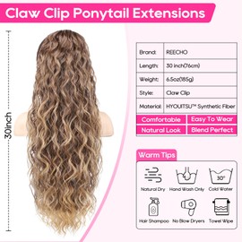 REECHO Ponytail Extension 30" Long Claw Clip Ponytail Extension Curly Wavy Pony Tails Hair Extensions Clip in Synthetic Hairpiece for Women, Dark Ash Blonde with Golden Ends