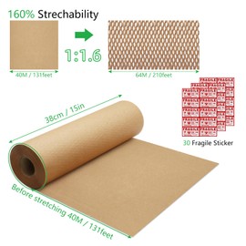Honeycomb Packing Paper PINENUTS 15" x 131ft Eco Friendly Packing Paper for Moving Recyclable Honeycomb Paper Bubble Paper Wrapping with 30 Fragile Sticker Labels and 66fthemp rope (Brown)