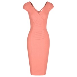 MUXXN Women's Elegant Low Cut V-Neck High Stretch Wear to Work Business Dress (Peach L)