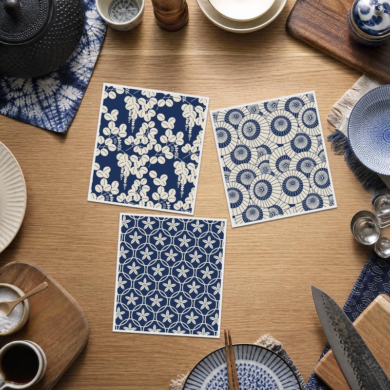 VISSTREE Swedish Dishcloths for Kitchen, Blue Japanese Pattern Dish Cloths