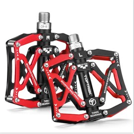 toptrek Bicycle Pedal 9/16 Inch Axle CNC Aluminium MTB Pedals with 3 Sealed Bearings Bicycle Pedals Non-Slip Wide Platform Pedal for E-Bike, Mountain Bike, Trekking, Road Bike Pedals (Red)