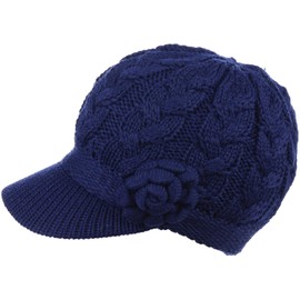 BYOS - Gorro de invierno para mujer, forro polar, elegante, diseño de flores, Flor de cable azul marino, Talla única