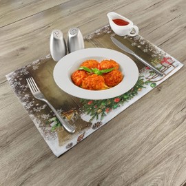 ABAKUHAUS Christmas Place Mats Set of 4, Pine Tree Presents, Washable Fabric Placemats for Dining Room Kitchen Table Decor, Multicolor