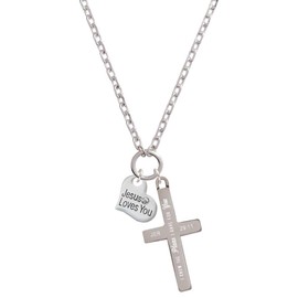 Delight Jewelry Silvertone Small Jesus Loves You Heart I Have Plans for You Engraved Cross Zoey Necklace, 28"