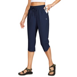 Willit Women's Swim Capris Pants Quick Dry Swimming Board Beach Athletic Capris with Pockets Lightweight UPF 50+ 18" Navy Blue S