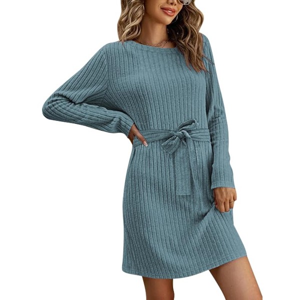 Paintcolors 2023 - Vestido de suéter de manga larga para mujer, cuello redondo, tela con lazo en la cintura, vestido corto con cinturón, Azul_c23, XL