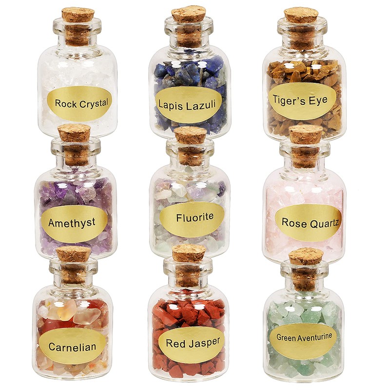 mookaitedecor 9pcs Mini Glass Wishing Bottles Tumbled Gemstone Crystal Chips