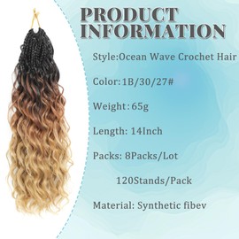 Auxemuen 8 Packs Pre Looped Ocean Wave Crochet Hair 14 Inch Boho Ocean Braids Short Curly Crochet Hair Pre Twisted Synthetic Deep Wavy Crochet Hair for Women (1B/30/27)