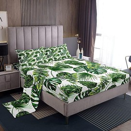 Erosebridal Palm Leaves Bed Sheets Hawaiian Sheet Set Monstera Banana Leaves Bedding Set King Size Summer Tropical Leaves Fitted Sheet for Living Room Bedroom Decor, Green White Flat Sheet