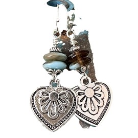 Silver Tone Etched Heart with Amber and Blue Bead Earrings Love. Jewelry Earrings for Women #3298FE3892