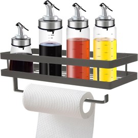 WJUAN Wall Spice Rack 35 cm - Kitchen Shelf with Hooks & Kitchen Paper Holder, Dark Grey for Kitchen, Bathroom, Living Room