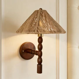 Boho Hand-Woven Rattan Wall Sconce, 11 Inch Rustic Wall Sconce with Solid Walnut & Conical Shade, Farmhouse Light Fixture for Bedroom, Living Room, Hallway, and Entryway