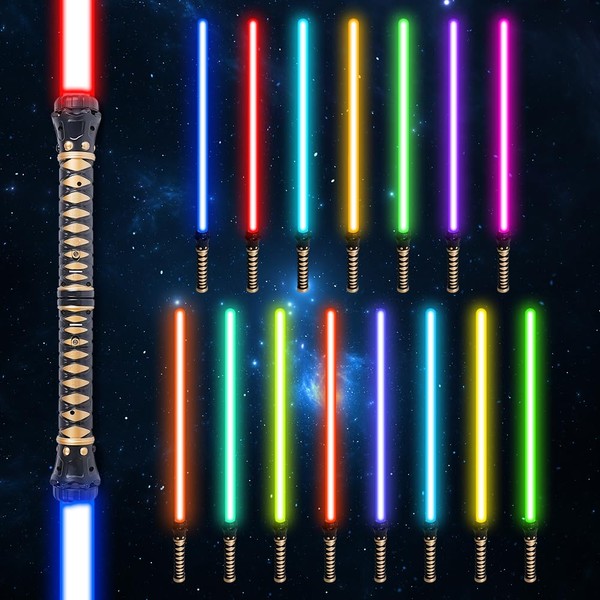 2 Pack Light Up Saber for Kids, 15 Colors Light Sword with FX Sound, Realistic Handle & Expandable LED Lightsabers Toy for Halloween Dress Up Party Favor, Xmas Gift, Galaxy War Fighters and Warriors