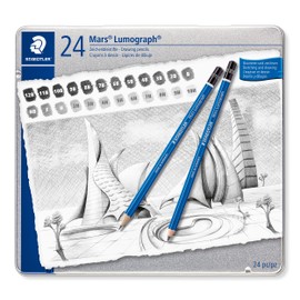 Staedtler Mars Lumograph - Lápices de dibujo artístico, lápices de grafito en estuche de metal, resistente a la rotura, grado 12B-10H, juego de 24, 100