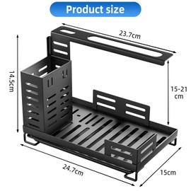 TranRantic Spülbecken Organizer, Küchen Spüle Sink Organizer mit Abflusspfanne, Klebstoff Spülbecken Caddy Organizer Dual-Use, Schwammhalter Spülbecken für Bürsten Handtücher (Schwarz)