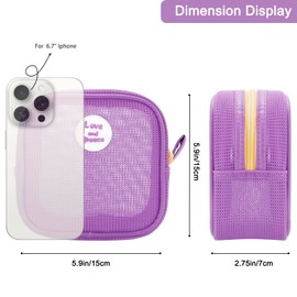 DOB SECHS Small Mesh Makeup Bag for Purse Thickened Square Mesh Cosmetic Bags with Colored Zipper for Women, Cute Mini Toiletry Pouch for Travel, Daily Accessories Organizer Pencil Case, Purple