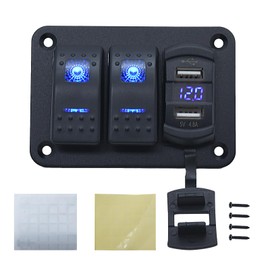 Avutrel 2 Gang Switch Panel Waterproof with 4.8A Dual USB LED Voltmeter, 12V/24V Marine Switch Panel Rocker Switch Holder for Car, Boat, Yachts, Trucks and Motorhomes