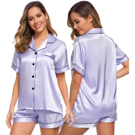 SWOMOG Womens Silk Satin Pajamas Set Short Sleeve Button Down Sleepwear Loungewear 2 Pcs Pj Sets Lavender XX-Large