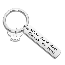 Viking Blood Runs Through My Veins Keychain with Viking Helmet Charm Vikings Warrior Keychain Norse Gods Gift (Keychain)