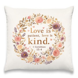 Xolytar Floral Bible Verse Throw Pillow Cover, Ideal for Cozy Rooms. Features “Love is Patient, Love is Kind” from 1 Corinthians 13:4 with Soft Floral Wreath. 18×18 inches, Perfect Uplifting Gift.