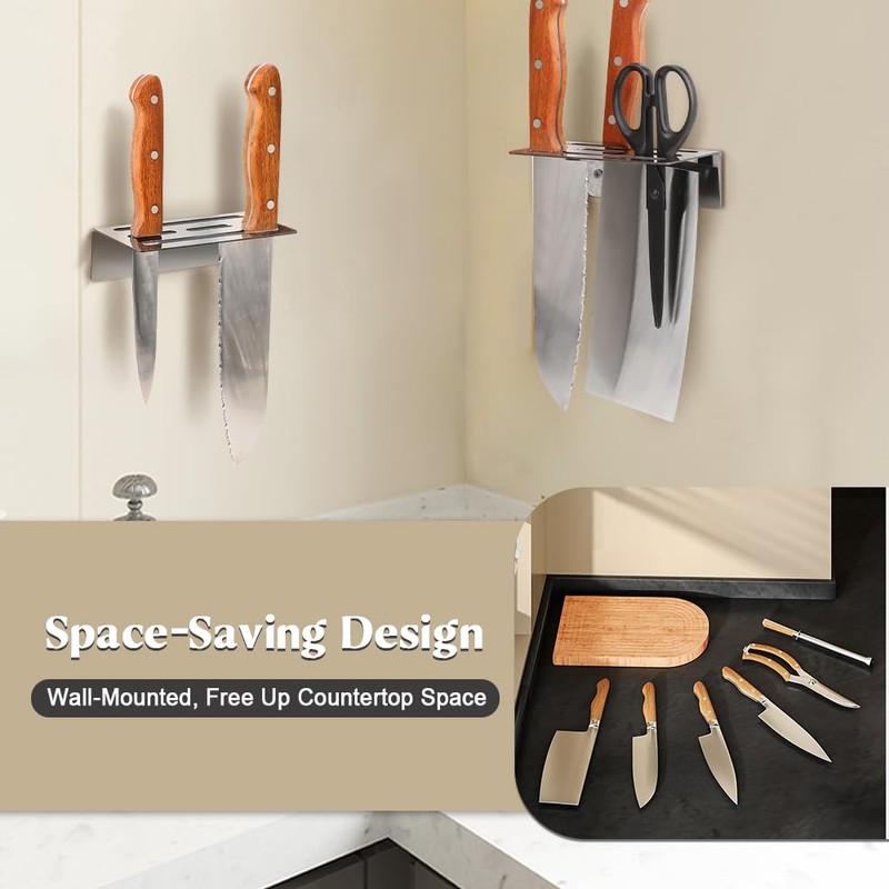 2-Pack Stainless Steel Knife Holder - Wall-Mounted, No-Drill Installation, Heavy-Duty