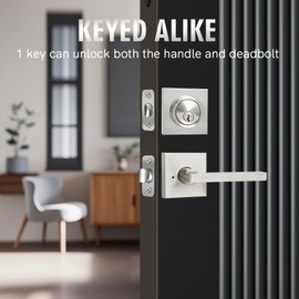 Exterior Door Lock Set with Deadbolt, Front Door Handle Set with Deadbolt, Door Levers Single Cylinder Deadbolt Set, Keyed Alike Heavy Duty Keyed Privacy Handles Locksets,(Satin Nickel,2Pack)