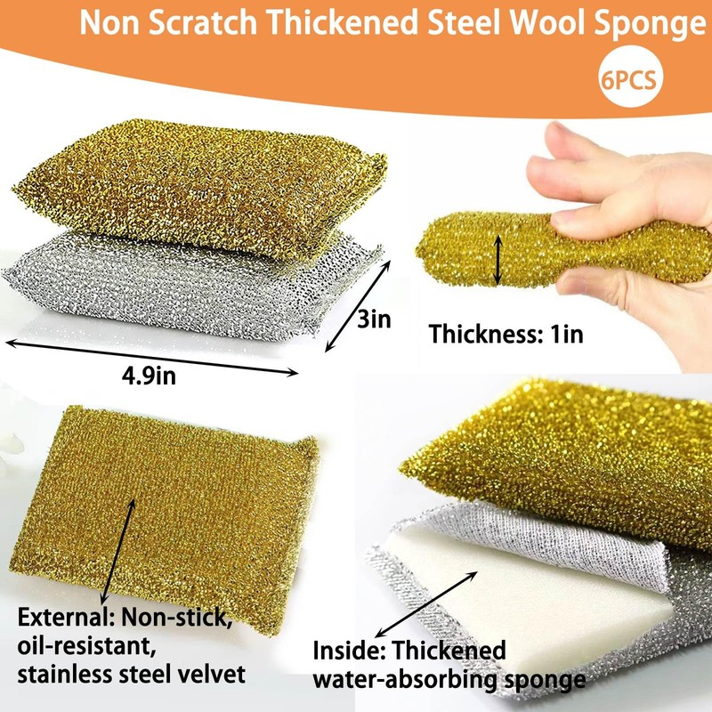 Dish Sponges Kitchen Scrubber - 6 Pack Non Scratch Steel