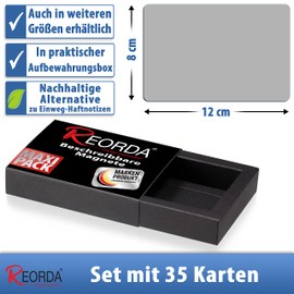 Reorda® Magnetstreifen beschreibbar - 35 Stück wiederbeschreibbar – 12 x 8 cm Grau | Beschreibbare Magnete für Whiteboard, Kanban, Magnettafel | Beschriftbare Magnete für den Kühlschrank
