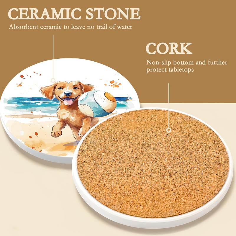 Drink Coasters with Holder,6 Pcs Dog Beach Absorbent Ceramic Drink