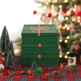 Soul & Lane Christmas Decorative Cardboard Storage Boxes - Set of 3 - Starry Night: Red and Green Festive Holiday Gift Boxes with Lids for Clothing, Presents, Decoration