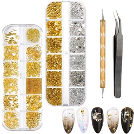 BDSHUNBF 1400 Piece Nail Art Rhinestones Set, Gold Glitter Stones Nail Art, Crystal Nail Stones Set, Stars Moon Nail Art Charms, for Nails DIY, with Tweezers and Drill Pen