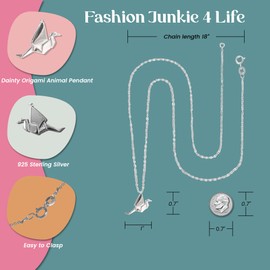 FashionJunkie4Life Sterling Silver Necklace, 18in Cable Chain with Origami Crane Pendant, Hypoallergenic Jewelry Gift for Adults & Teens