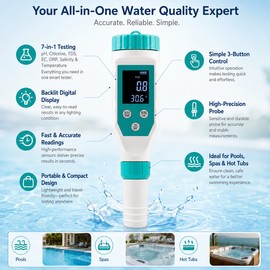 7-in-1 Digital Pool Water Tester for Maintenance – pH, Chlorine, ORP, TDS, EC, Salinity & Temperature Meter for Pools, Spas & Hot Tubs