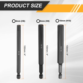HARFINGTON 3pcs Flat Hex Head Drill Bit H6/H8/H10 Magnetic Tip 1/4" Hex Shank 100mm (4") Long Mirror Polished Metric Hexagonal Screw Driver Screwdriver Bit Wrench Electric Power Tool