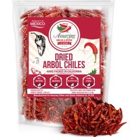 Chile De Arbol 4oz - Dried Whole Red Chili Peppers, Premium All Natural Stemless, Resealable Bag. Use in Mexican, Chinese and Thai Dishes. Spicy Hot Heat Full of Flavor