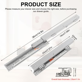 Underfloor Guides Floor Mounting Drawer Runners, 1 Pair 200 mm Drawer Slides, Drawer Slides, Full Extension, 40 kg Load Capacity, Drawer Runners Self-Closing with Damping