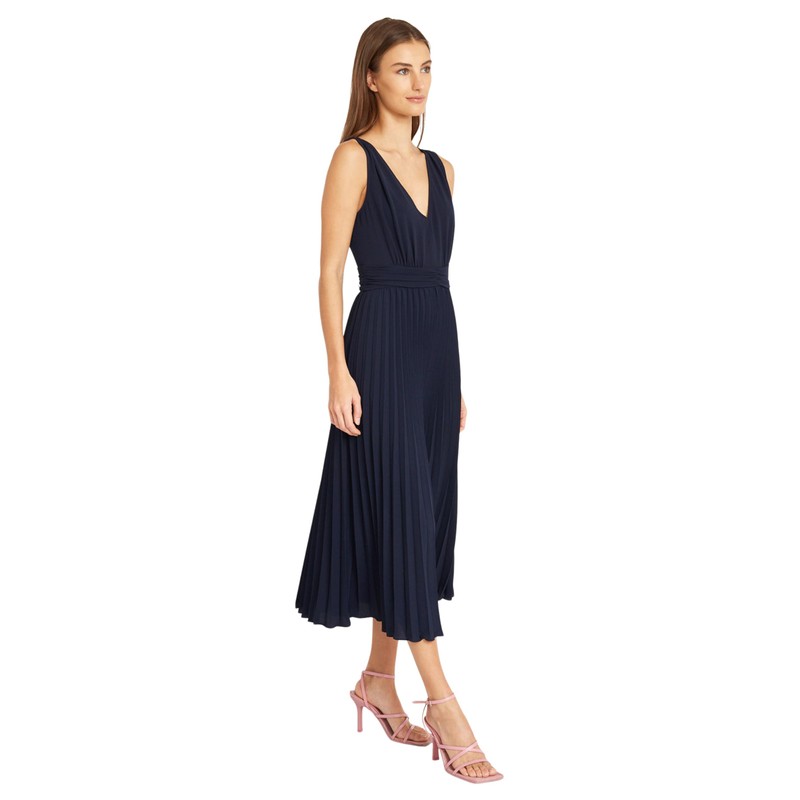 Donna Morgan Elegant V-Neck Sleeveless Pleated Midi Wedding Guest Dresses